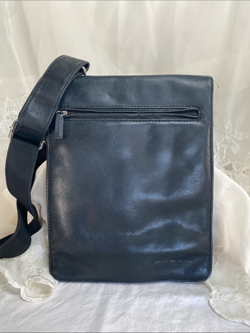 Fossil Black Crossbody Organizer Leather Messenger Bag